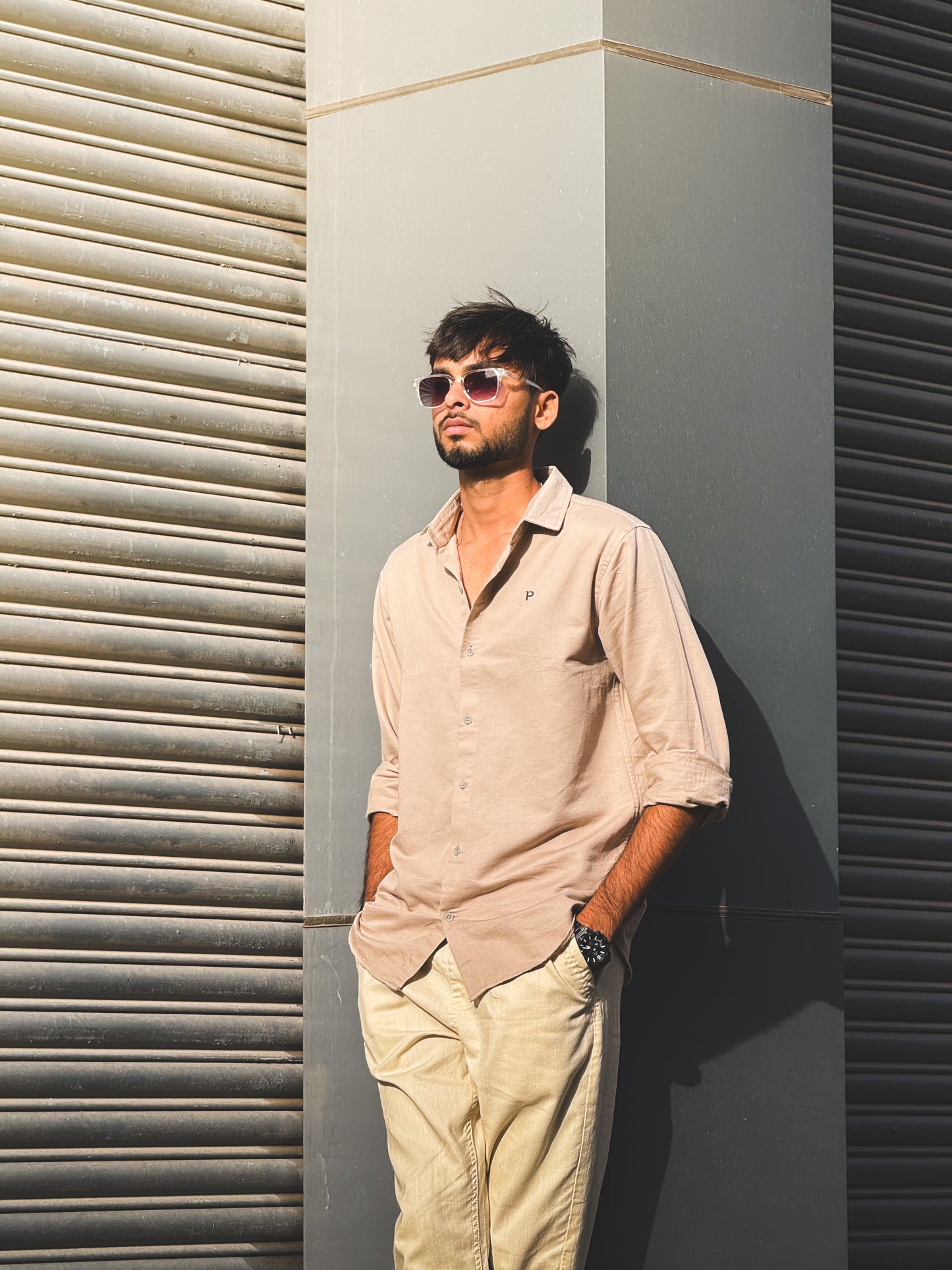 Men's Casual Light Beige Cotton Shirt – Full Sleeve Comfortable Slim Fit
