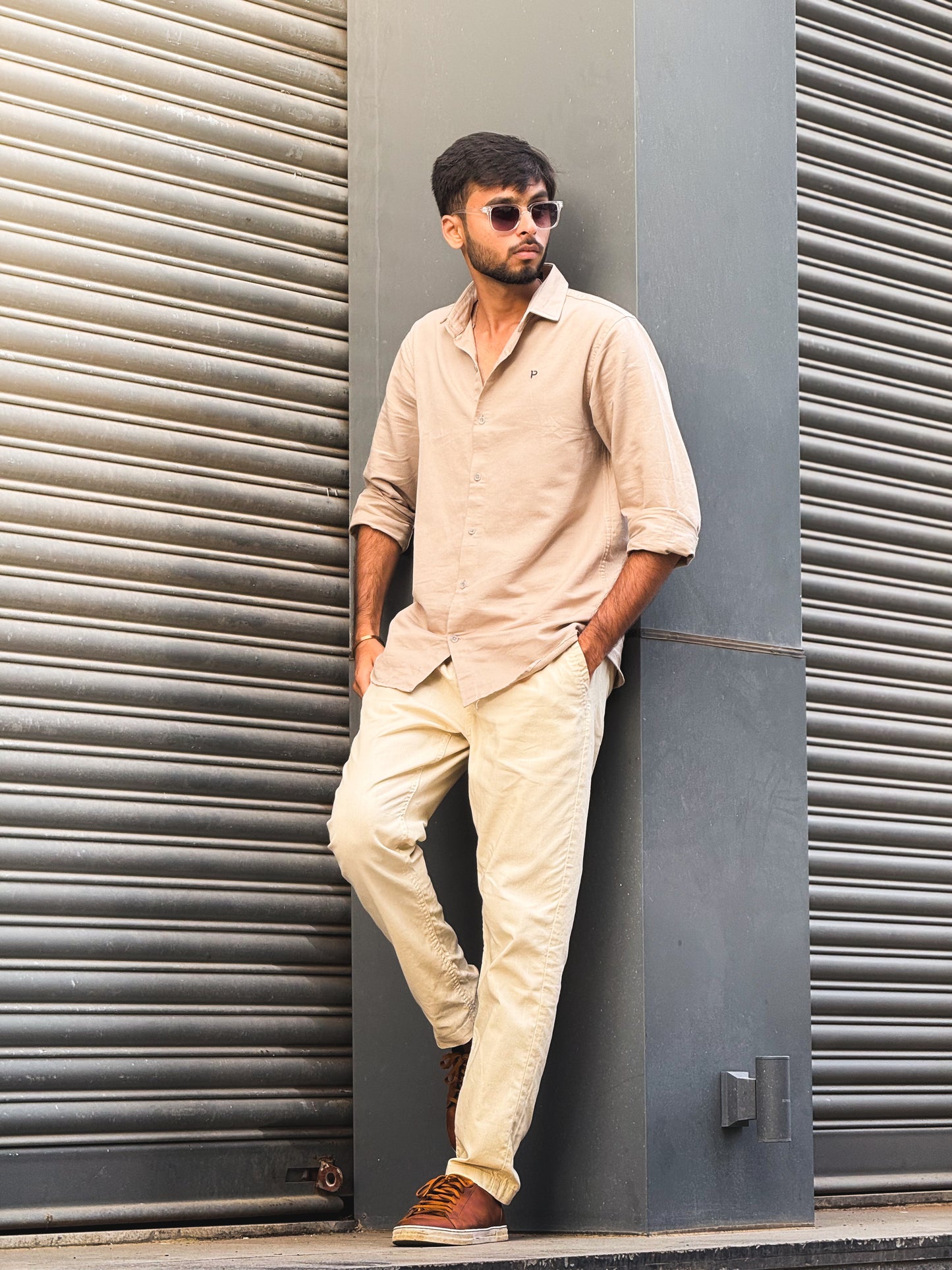 Men's Casual Light Beige Cotton Shirt – Full Sleeve Comfortable Slim Fit