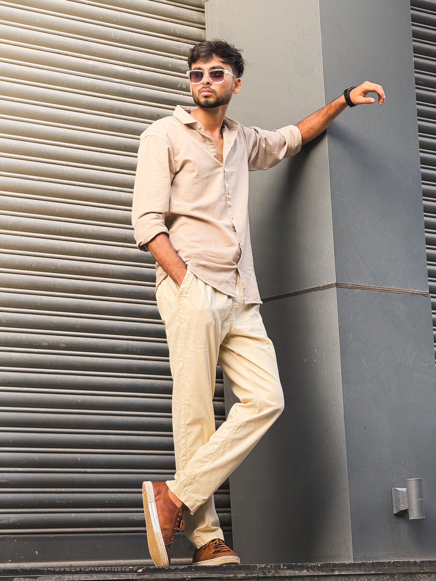 Men's Casual Light Beige Cotton Shirt – Full Sleeve Comfortable Slim Fit