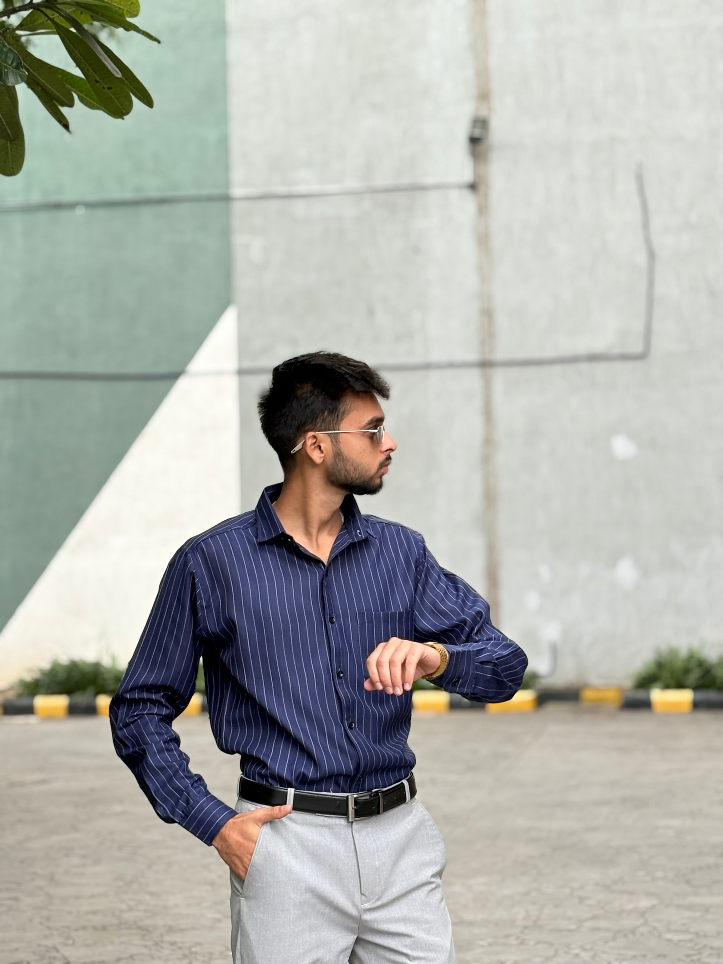 Men's Formal Navy Blue Striped Cotton Shirt – Full Sleeve, Slim Fit