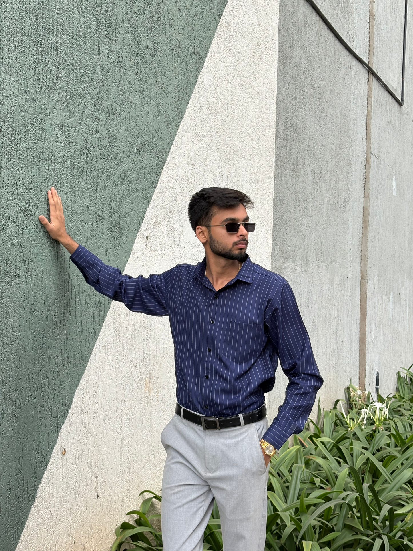 Men's Formal Navy Blue Striped Cotton Shirt – Full Sleeve, Slim Fit