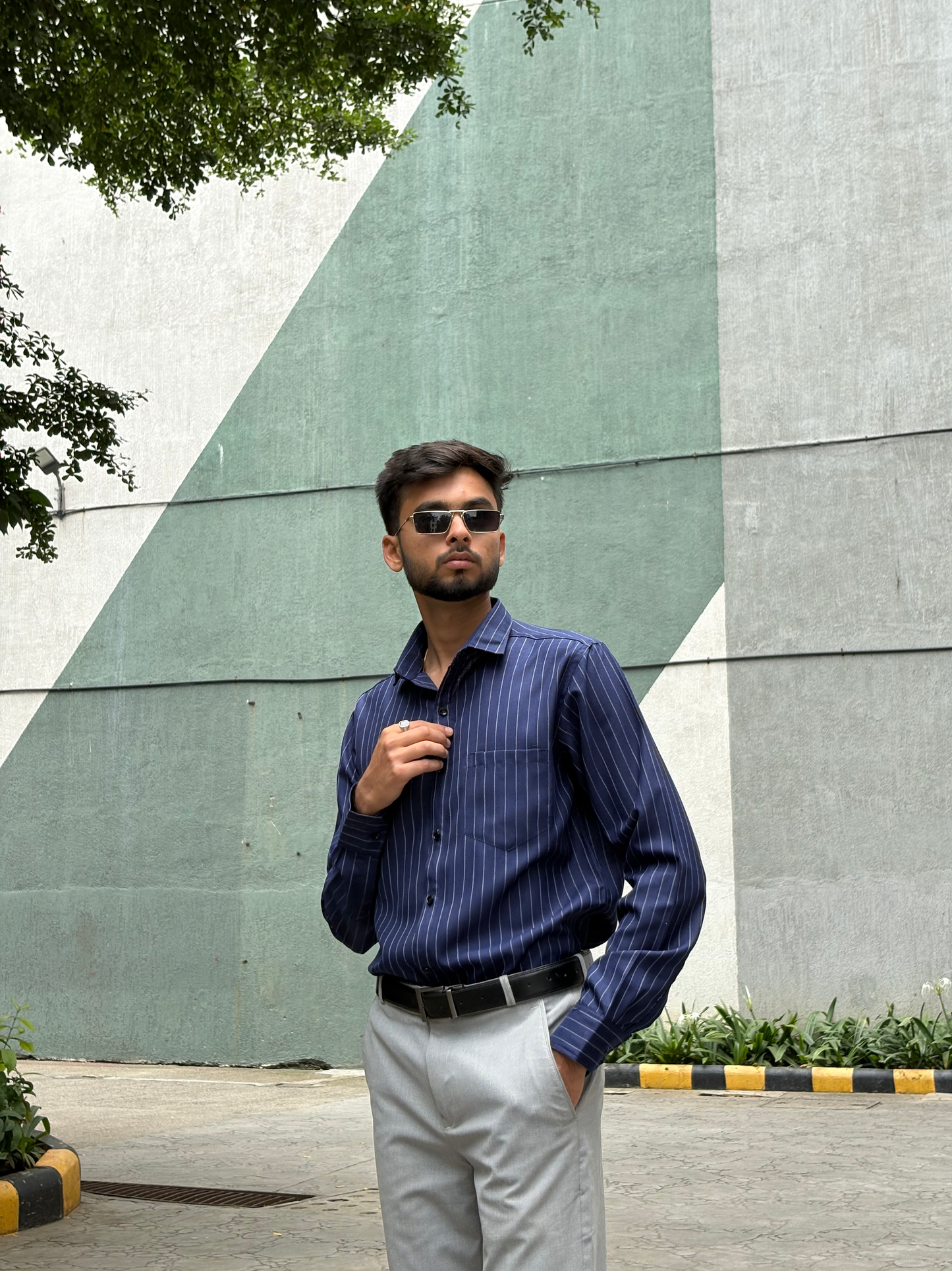 Men's Formal Navy Blue Striped Cotton Shirt – Full Sleeve, Slim Fit