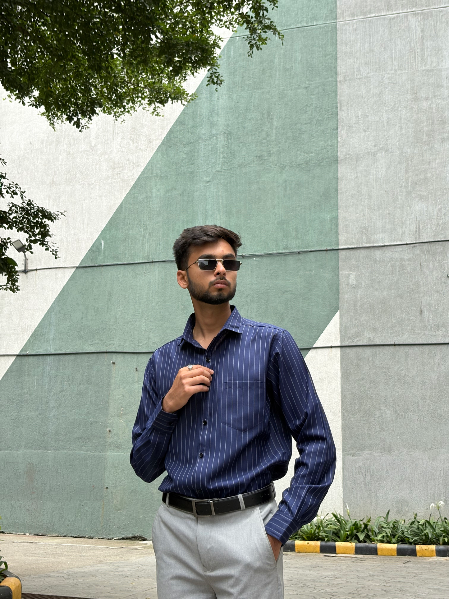 Men's Formal Navy Blue Striped Cotton Shirt – Full Sleeve, Slim Fit