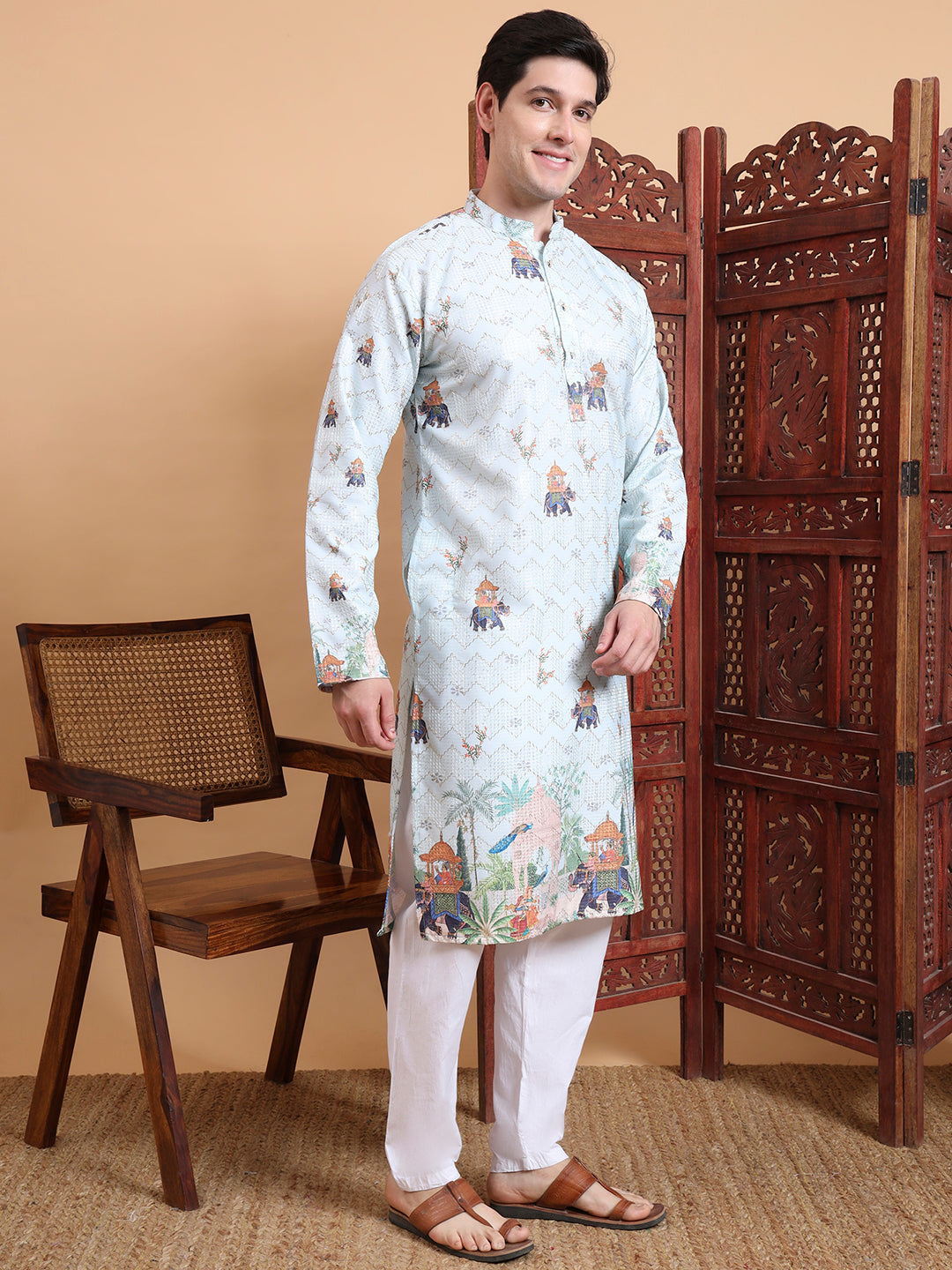 Men’s Pista Color Cotton Kurta with Crochet Sequence Work & Digital Print