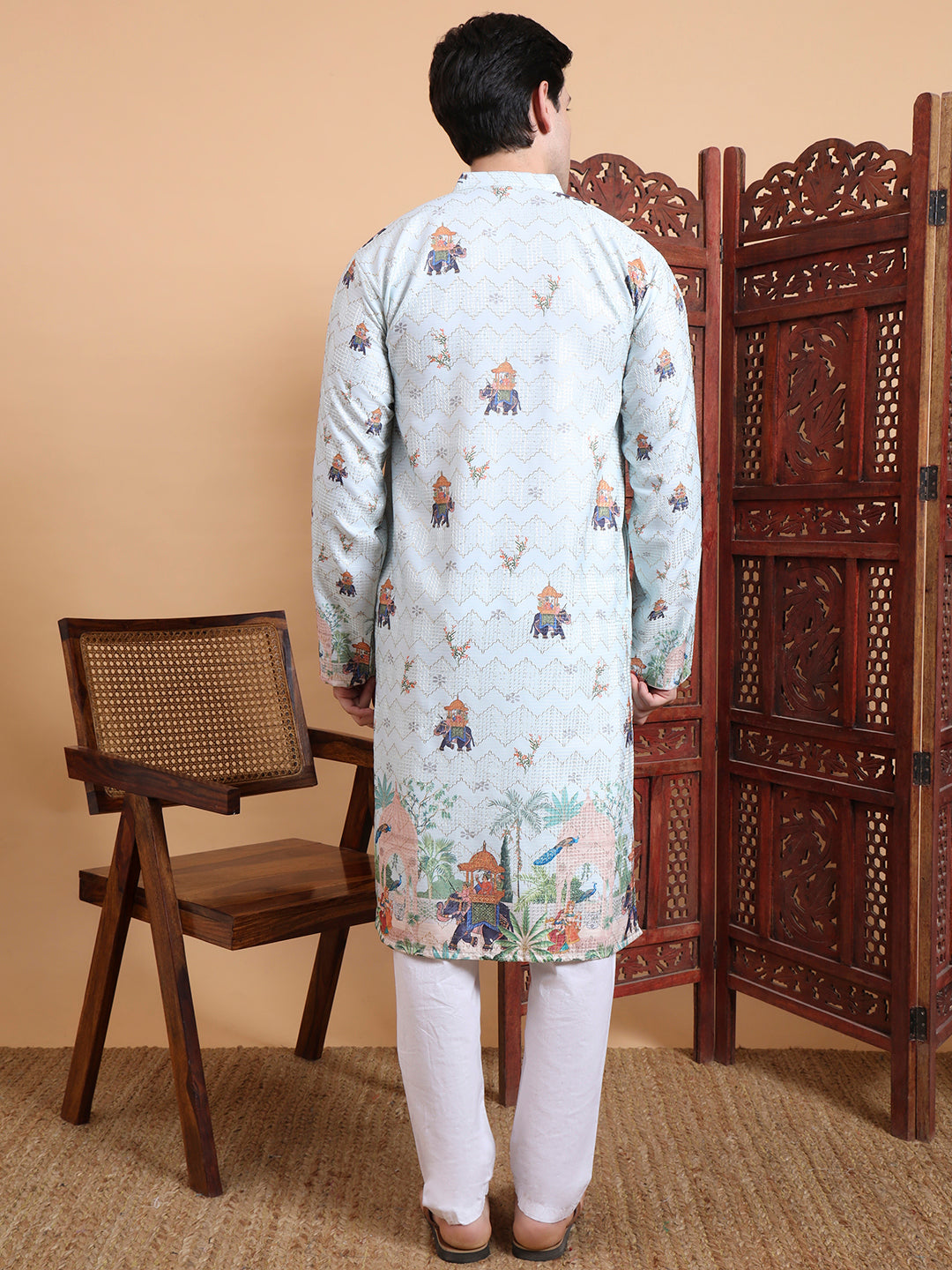 Men’s Pista Color Cotton Kurta with Crochet Sequence Work & Digital Print
