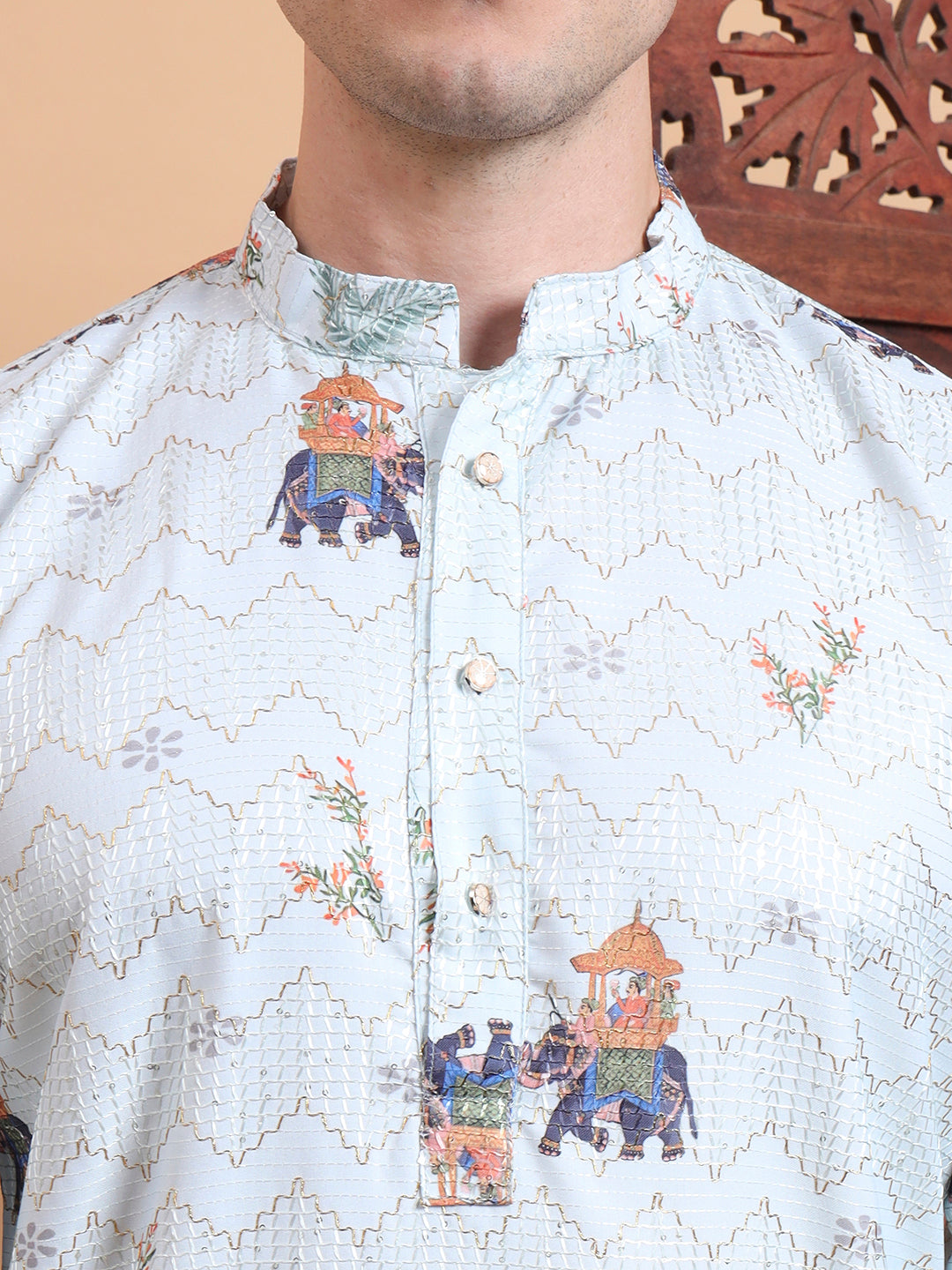 Men’s Pista Color Cotton Kurta with Crochet Sequence Work & Digital Print