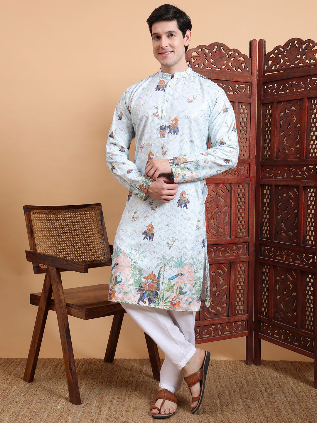 Men’s Pista Color Cotton Kurta with Crochet Sequence Work & Digital Print