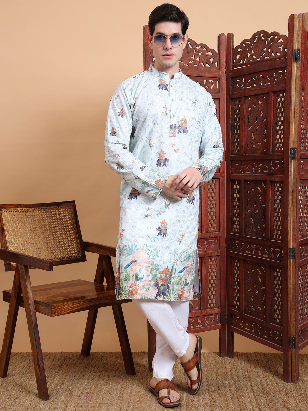 Men’s Pista Color Cotton Kurta with Crochet Sequence Work & Digital Print