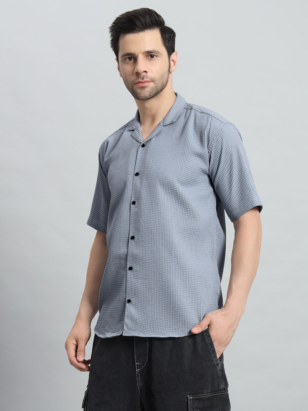 Stylish Grey Popcorn Fabric Shirt for Men