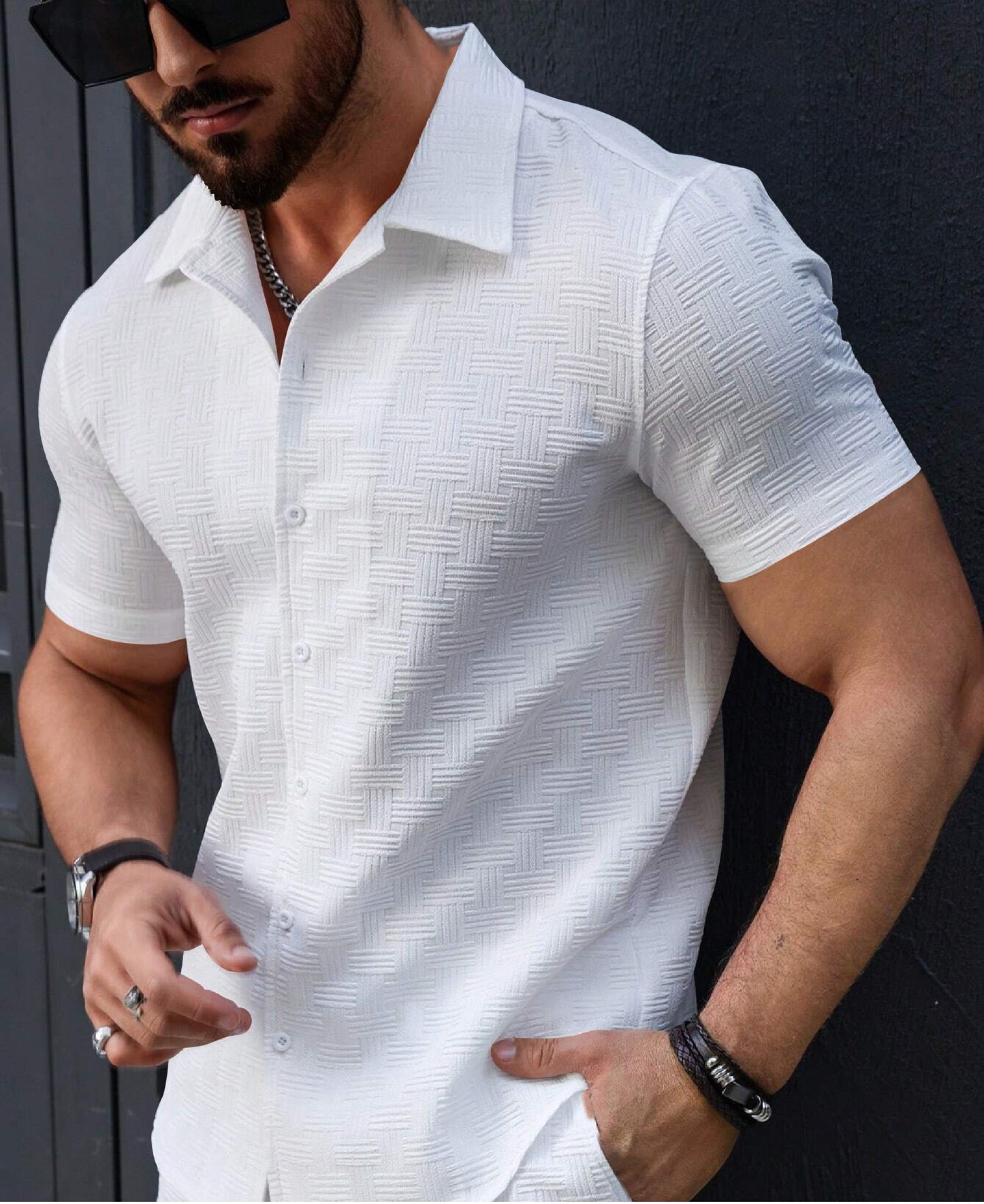 Men's Regular Fit Self Design White Chatai Popcorn Shirt
