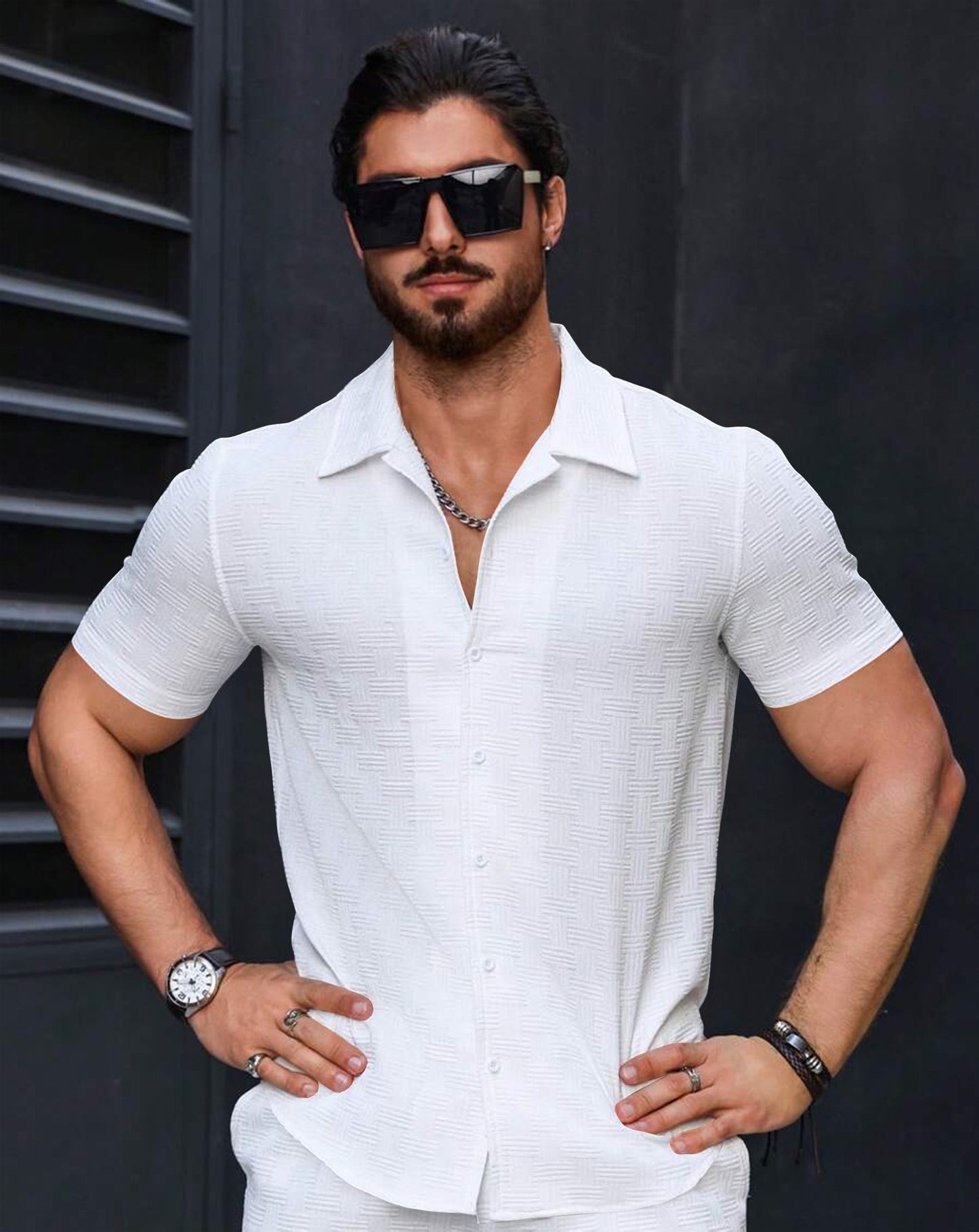 Men's Regular Fit Self Design White Chatai Popcorn Shirt