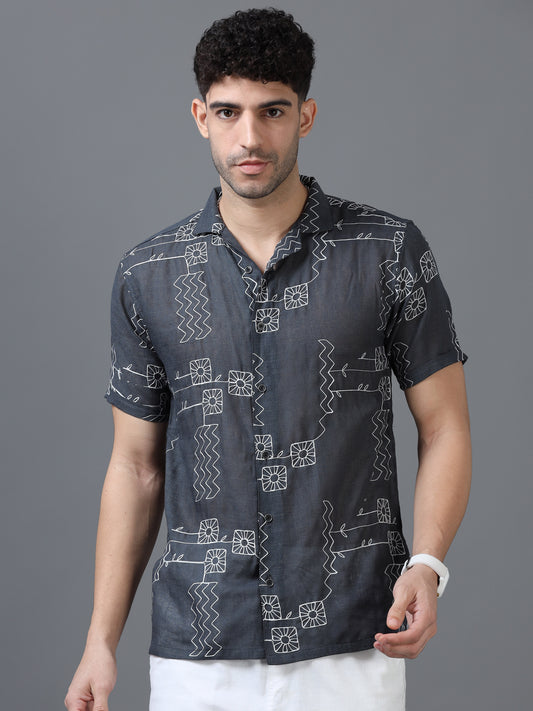 Grey Color Linen cotton Embroidery Work Half Sleeve Shirt