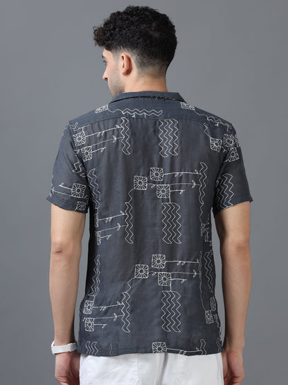 Grey Color Linen cotton Embroidery Work Half Sleeve Shirt