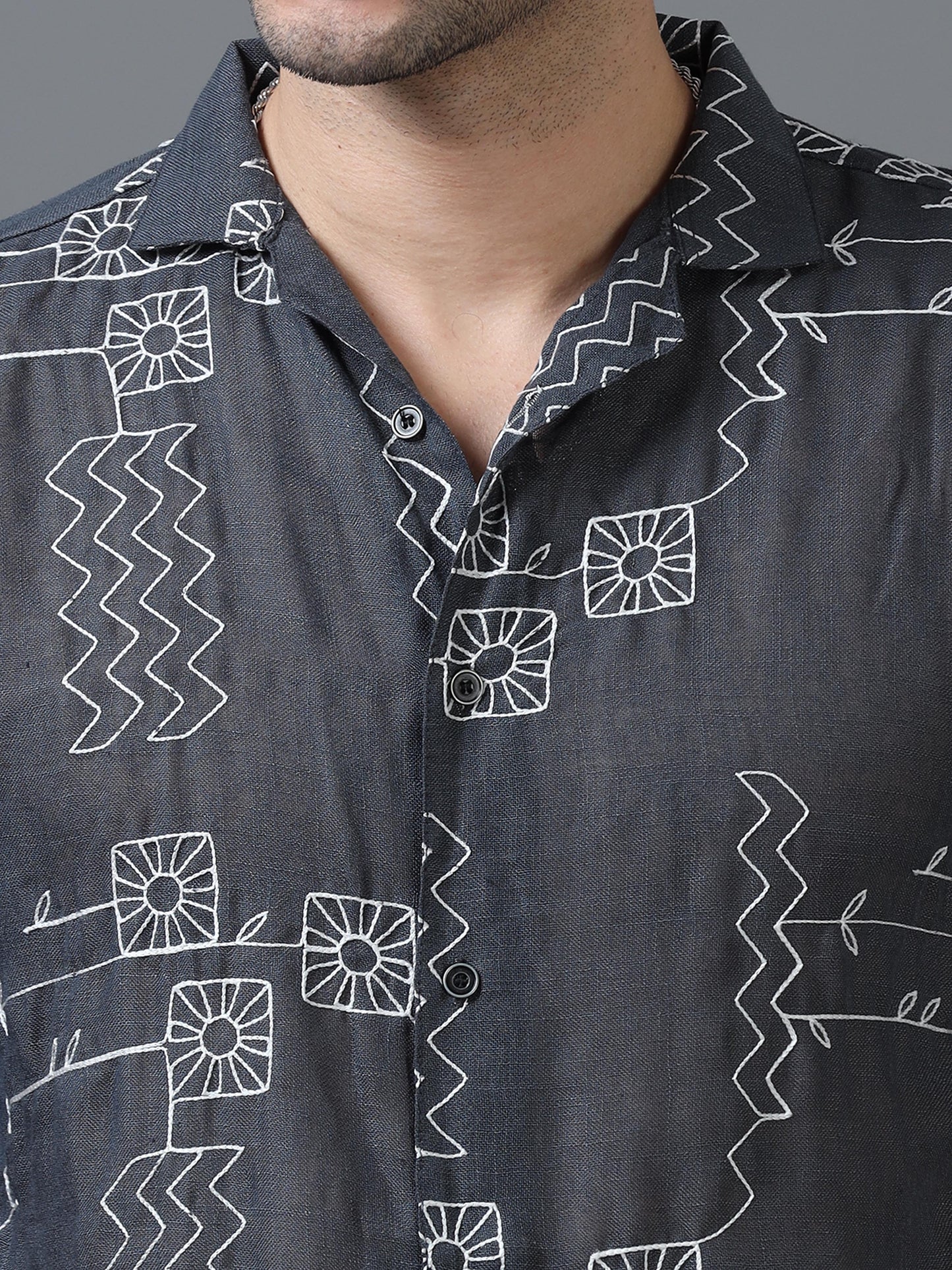 Grey Color Linen cotton Embroidery Work Half Sleeve Shirt