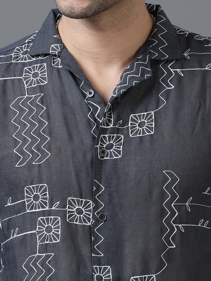 Grey Color Linen cotton Embroidery Work Half Sleeve Shirt