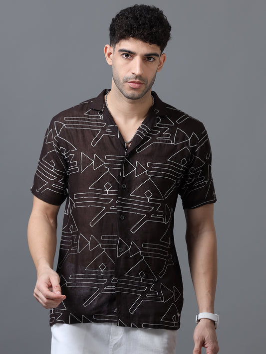 Brown Color Linen cotton Embroidery Work Half Sleeve Shirt