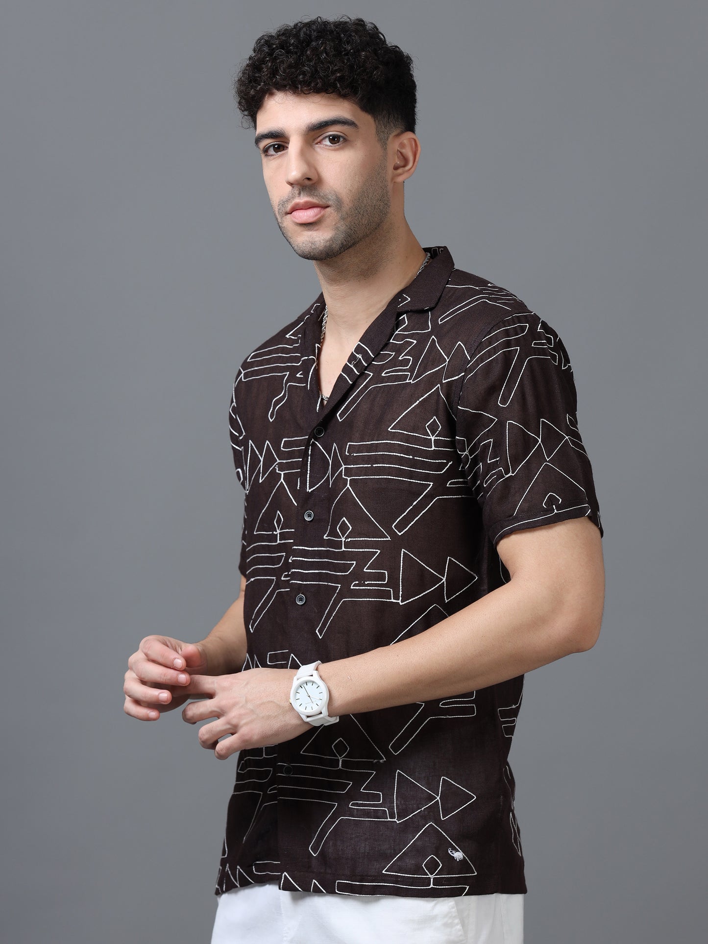 Brown Color Linen cotton Embroidery Work Half Sleeve Shirt