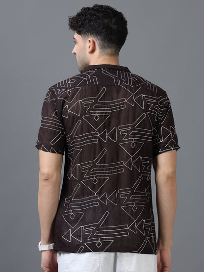 Brown Color Linen cotton Embroidery Work Half Sleeve Shirt