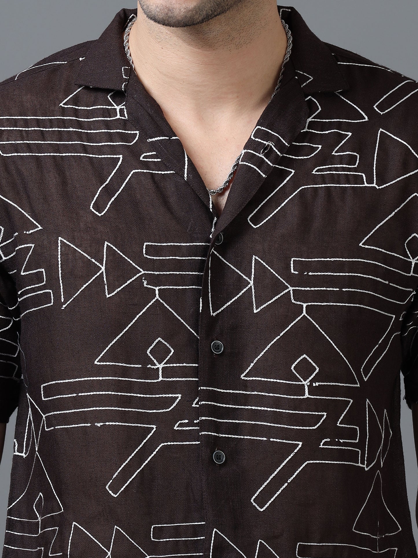 Brown Color Linen cotton Embroidery Work Half Sleeve Shirt