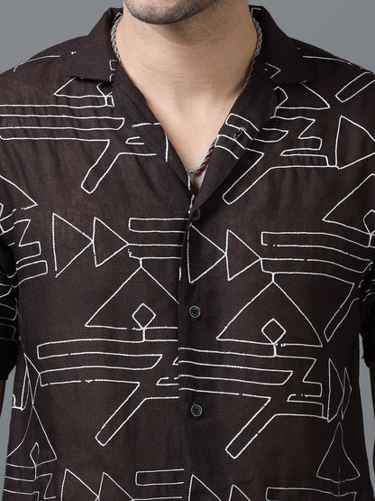 Brown Color Linen cotton Embroidery Work Half Sleeve Shirt