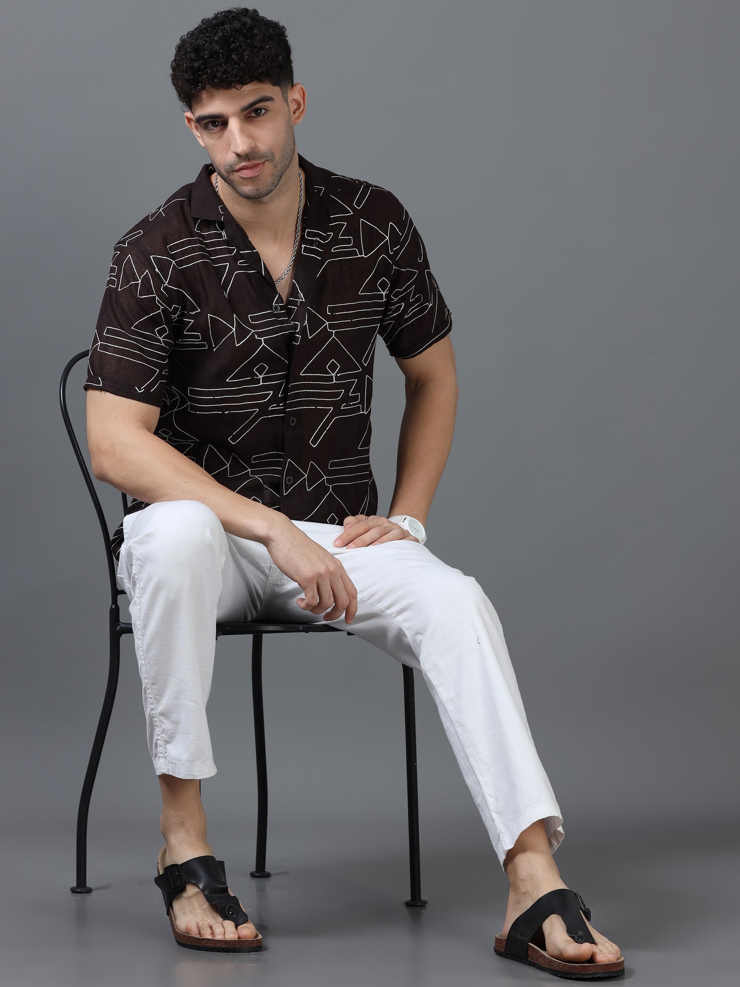 Brown Color Linen cotton Embroidery Work Half Sleeve Shirt