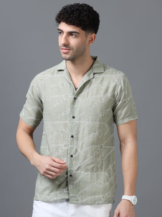 Pista Green Color Linen cotton Embroidery Work Half Sleeve Shirt