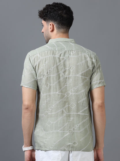 Pista Green Color Linen cotton Embroidery Work Half Sleeve Shirt