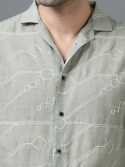 Pista Green Color Linen cotton Embroidery Work Half Sleeve Shirt