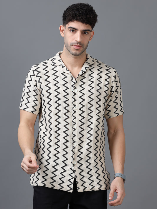 Men's Off white 100% Cotton Zig Zag Half Sleeve Shirt