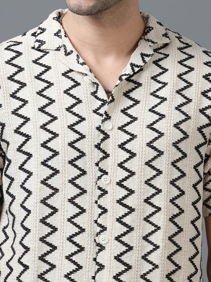 Men's Off white 100% Cotton Zig Zag Half Sleeve Shirt