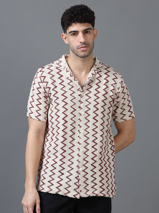 Men's Cream Color 100% Cotton Zig Zag Half Sleeve Shirt