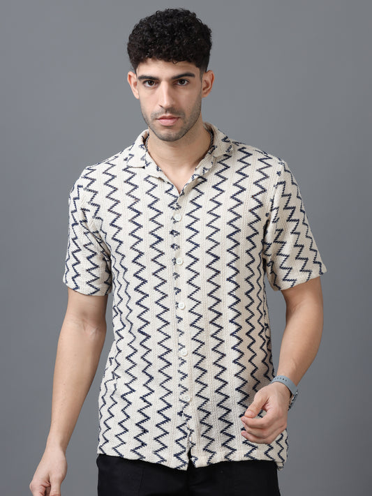Men's Beige Color 100% Cotton Zig Zag Half Sleeve Shirt