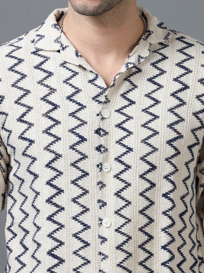 Men's Beige Color 100% Cotton Zig Zag Half Sleeve Shirt