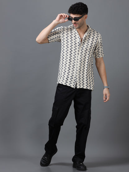 Men's Beige Color 100% Cotton Zig Zag Half Sleeve Shirt