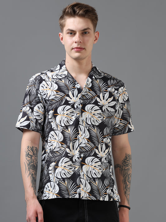 Black and White Color Tussar cotton Printed Half Sleeve Shirt