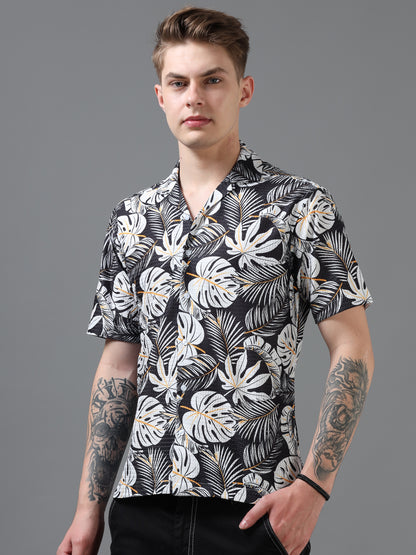Black and White Color Tussar cotton Printed Half Sleeve Shirt