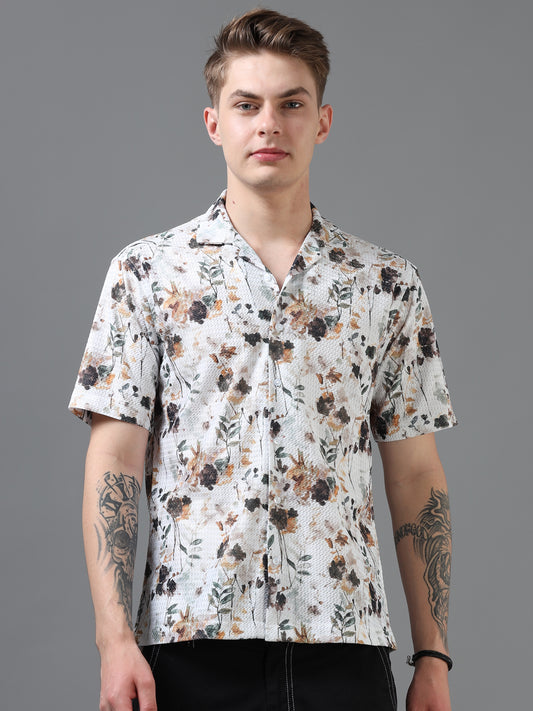 White and Brown Color Tussar cotton Printed Half Sleeve Shirt