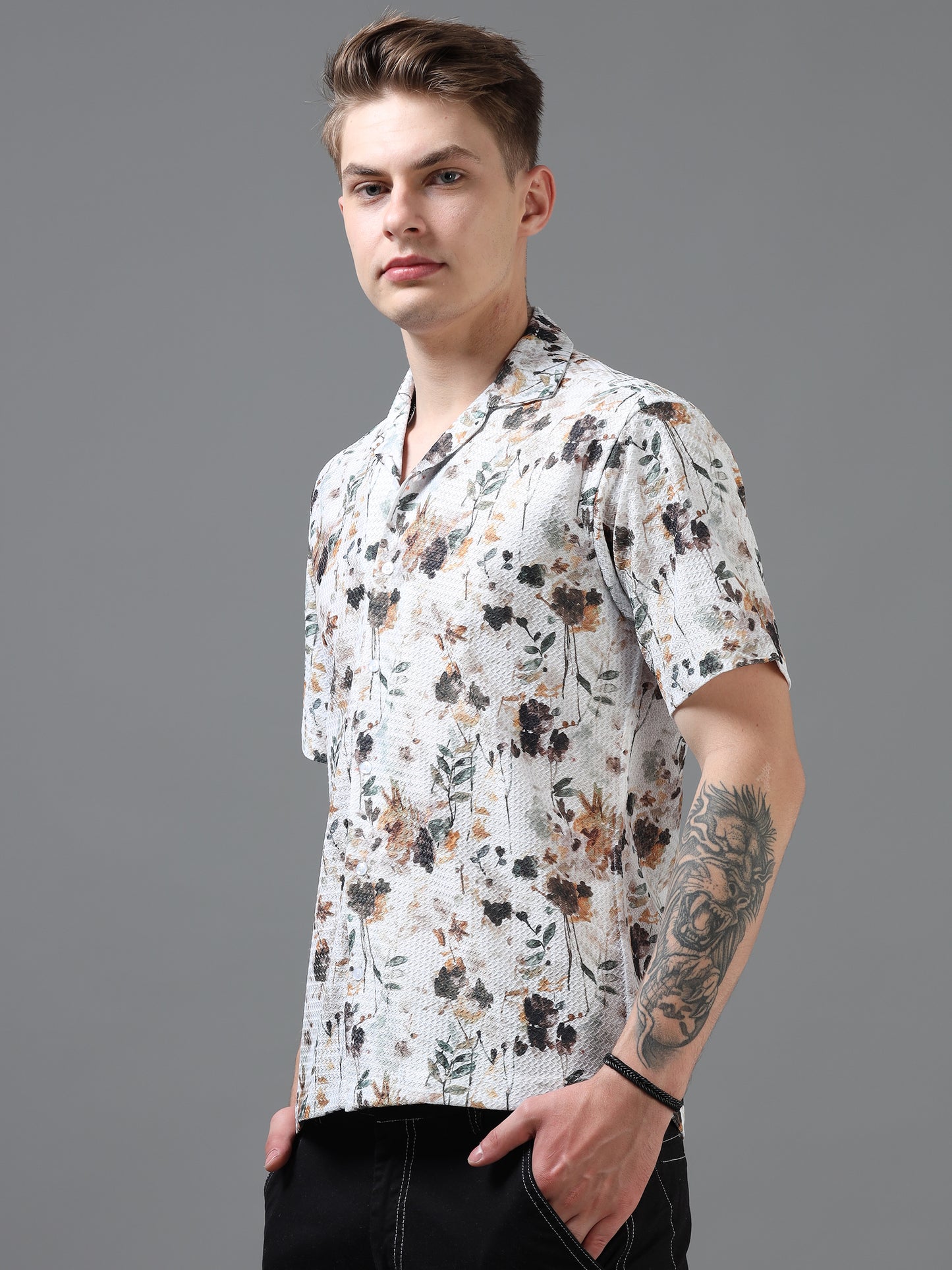 White and Brown Color Tussar cotton Printed Half Sleeve Shirt