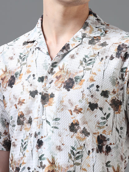 White and Brown Color Tussar cotton Printed Half Sleeve Shirt