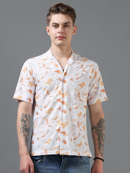 White and Orange Color Tussar cotton Printed Half Sleeve Shirt