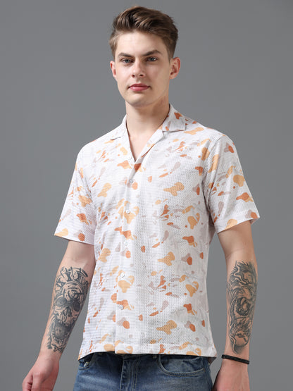 White and Orange Color Tussar cotton Printed Half Sleeve Shirt