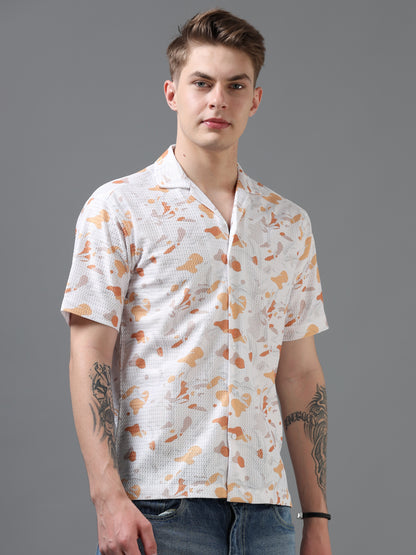 White and Orange Color Tussar cotton Printed Half Sleeve Shirt