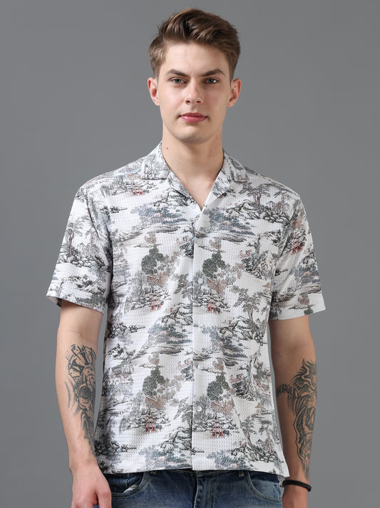 White Color Tussar cotton Printed Half Sleeve Shirt