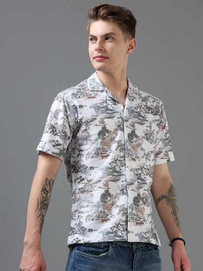 White Color Tussar cotton Printed Half Sleeve Shirt