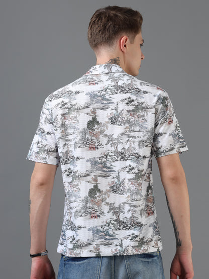 White Color Tussar cotton Printed Half Sleeve Shirt
