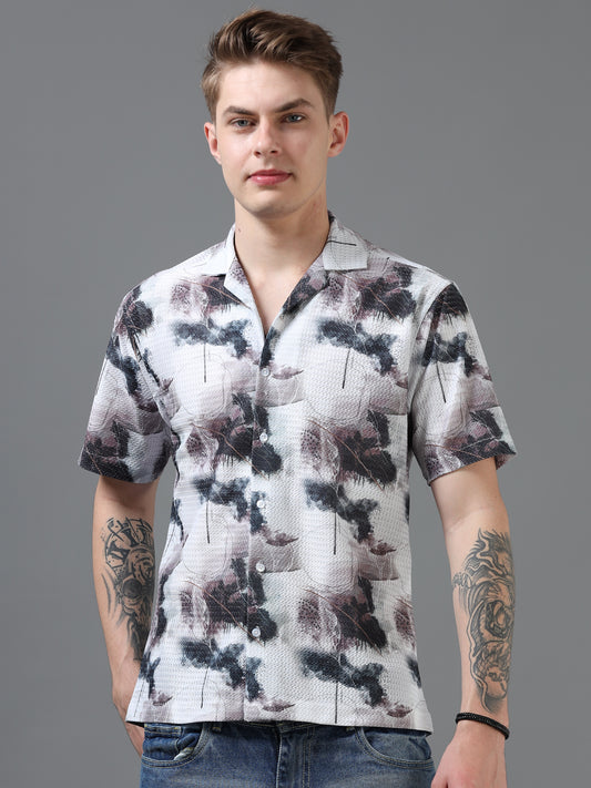 White and multi Color Tussar cotton Printed Half Sleeve Shirt