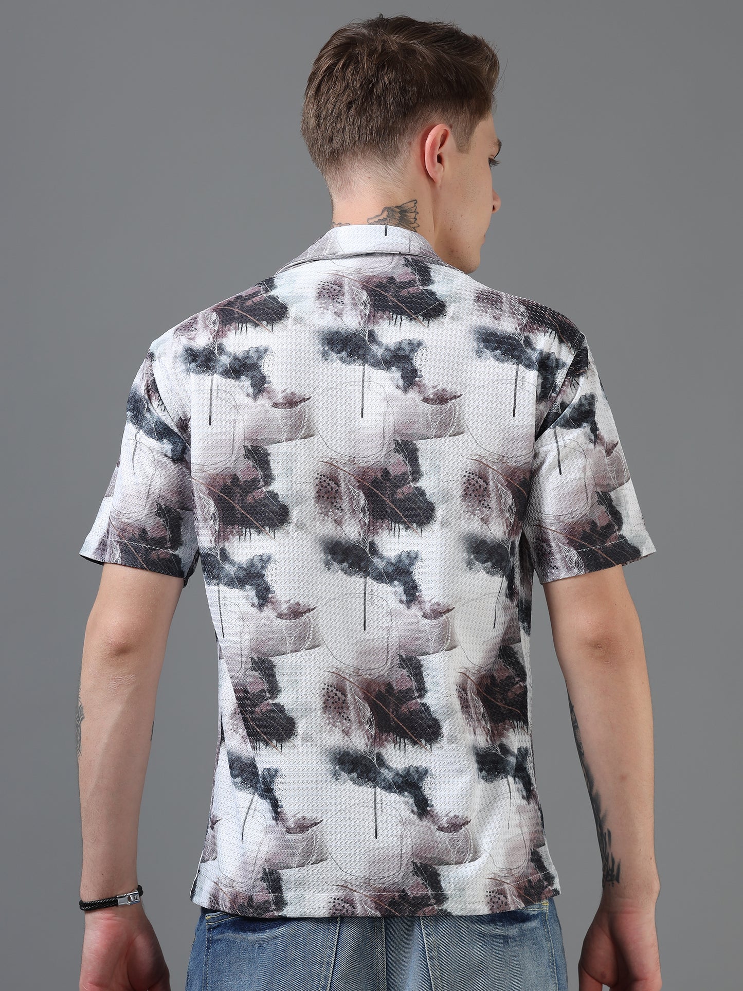White and multi Color Tussar cotton Printed Half Sleeve Shirt