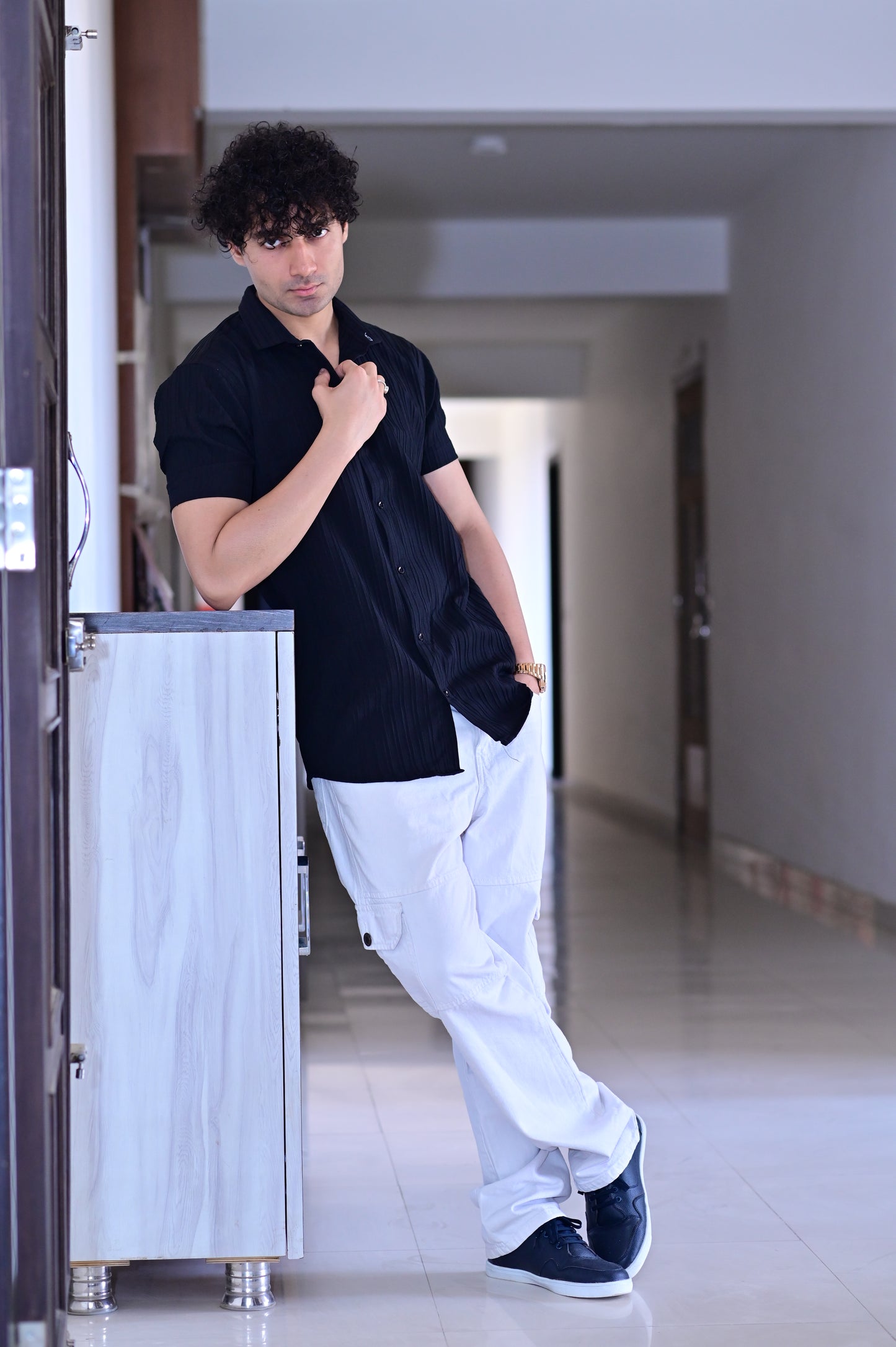 Men's Sugar Cane Black Slim-Fit Poly Cotton Shirt