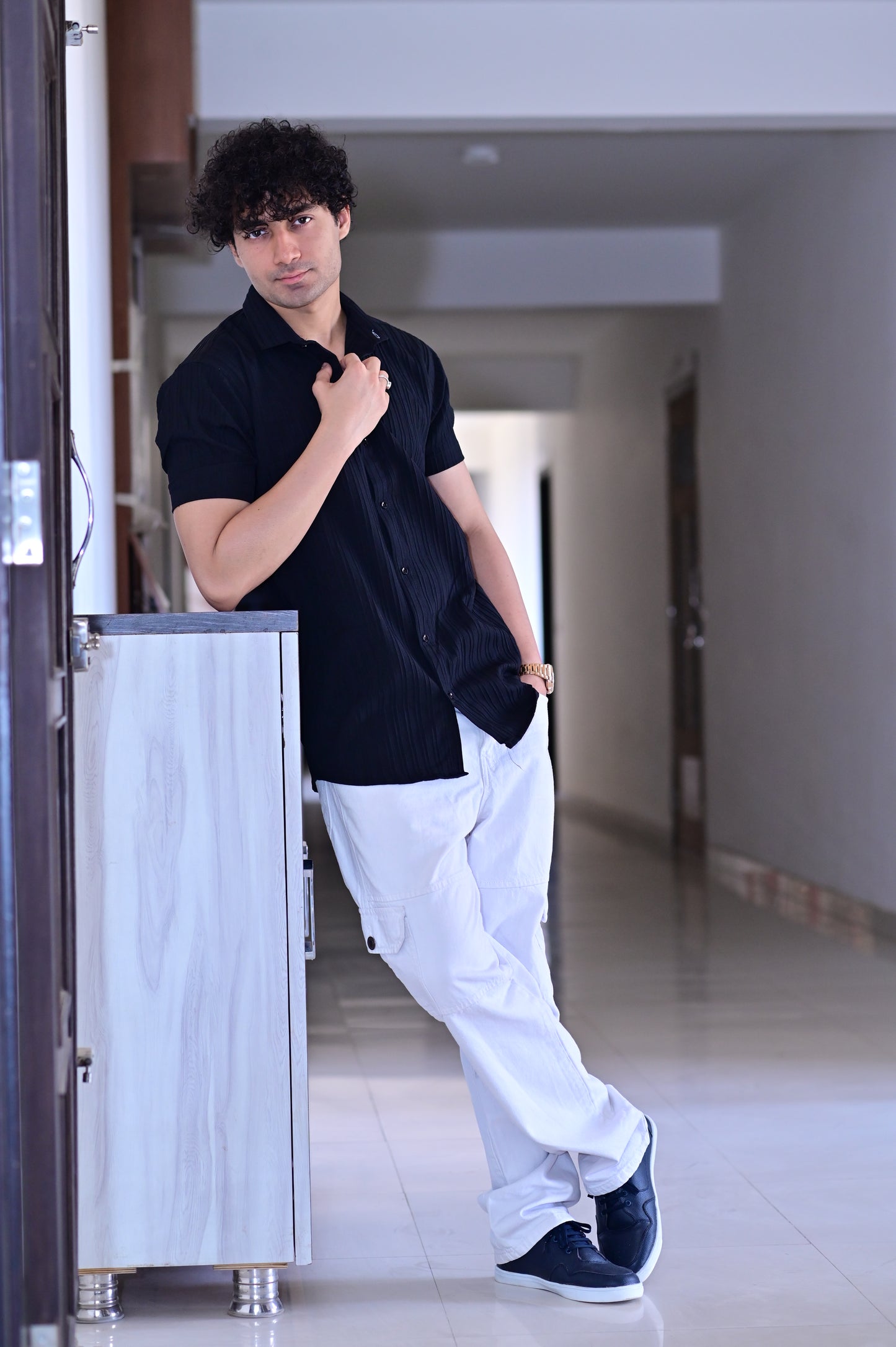 Men's Sugar Cane Black Slim-Fit Poly Cotton Shirt