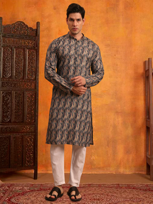 Men’s Grey Color Cotton Kurta with Printed Design